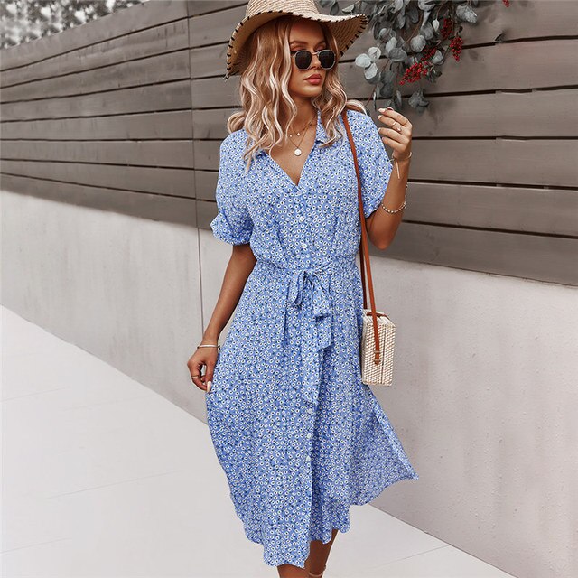Levoire | Robe Midi Boho Élégante Avec Imprimé Floral Pour Femmes Bleu