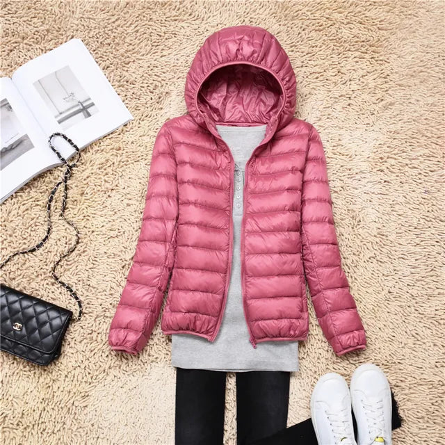 Polina | Les nouveaux manteaux en duvet ultralégers et compressibles avec capuche Cuir rose