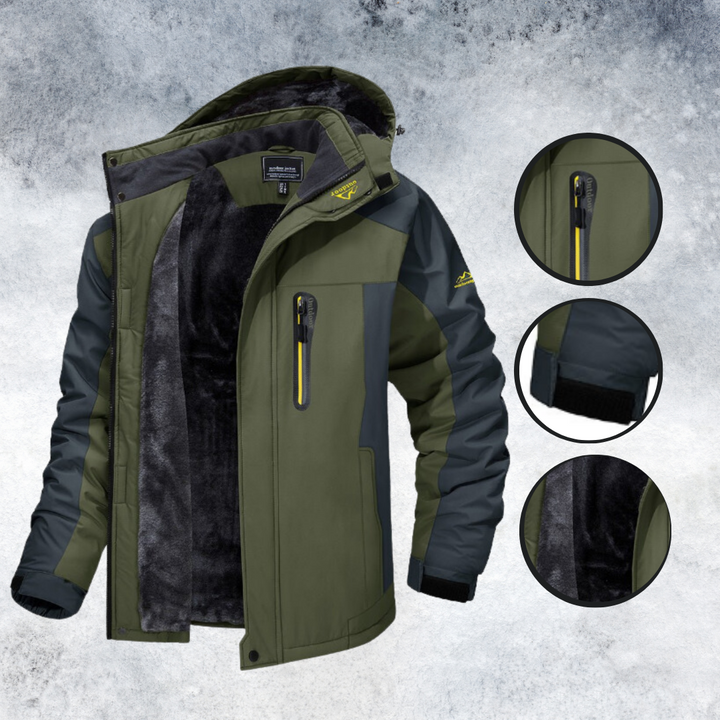 Präsentation einer vielseitigen Outdoor-Jacke in Armeegrün, die mit ihren windabweisenden Eigenschaften, mehreren Taschen und einem stilvollen Design für verschiedene Outdoor-Aktivitäten überzeugt.
