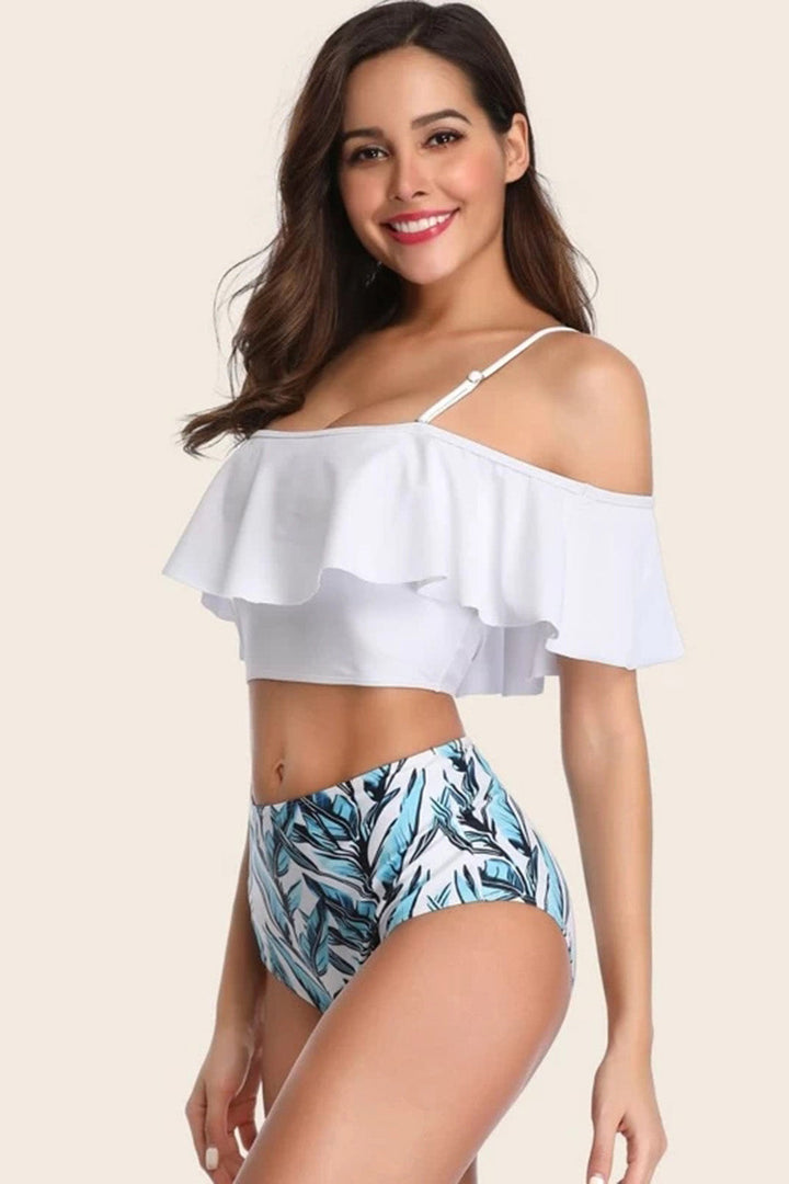 Levoire | Imprimé Rüsch Bardot Taille haute Bikini Maillot de bain