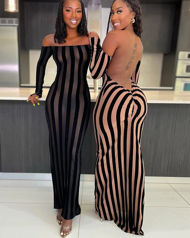 Levoire | Robe Maxi En Mesh Rayée Pêche