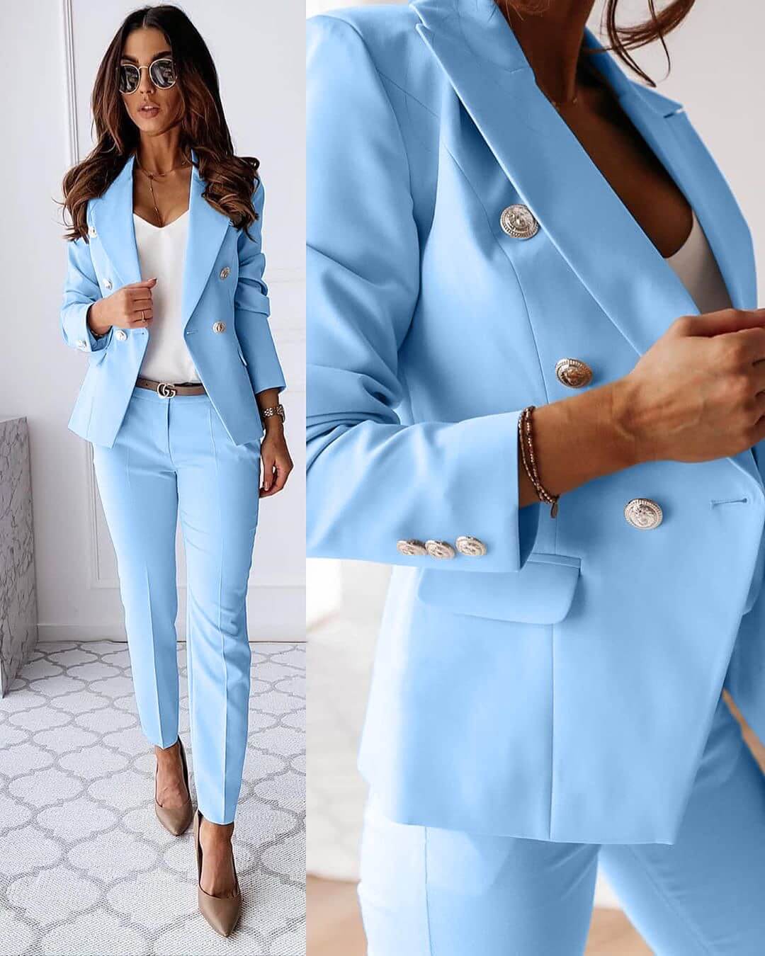 Levoire | Robe Manteau Et Pantalon bleu clair