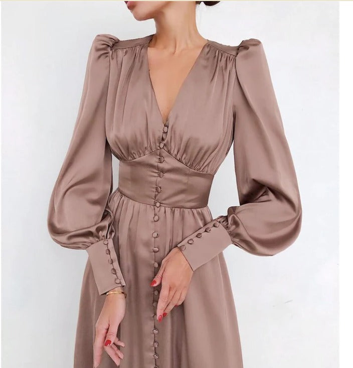 Levoire | Robe Satin Rétro Avec Boutonnage Pour Femmes Khaki