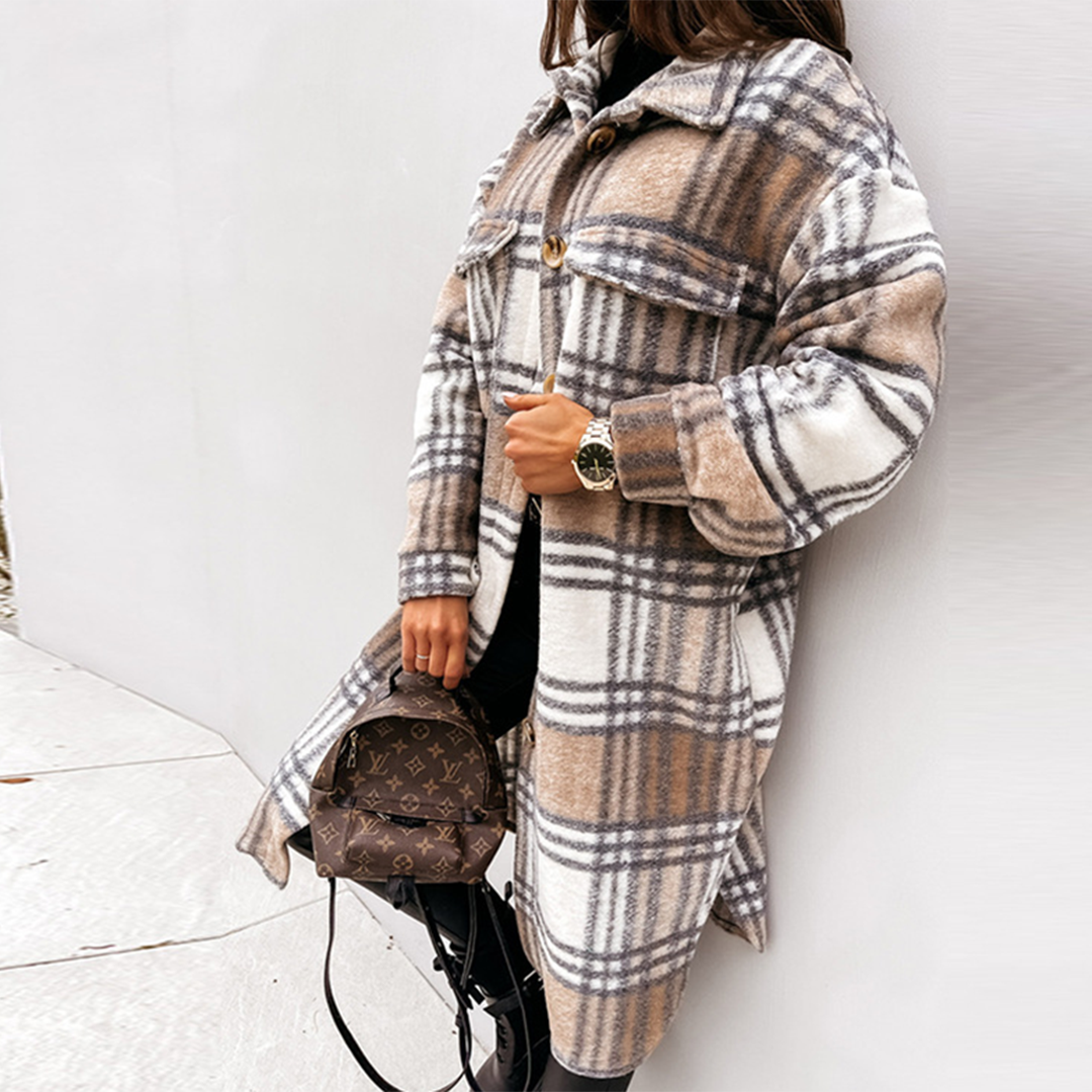 Levoire - Manteau long à carreaux pour femmes nouvelle collection automne 2025 Blanc-Kaki
