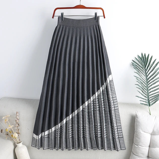 Levoire | Jupe mi-longue plissée avec panneau pied-de-poule Gris Taille unique