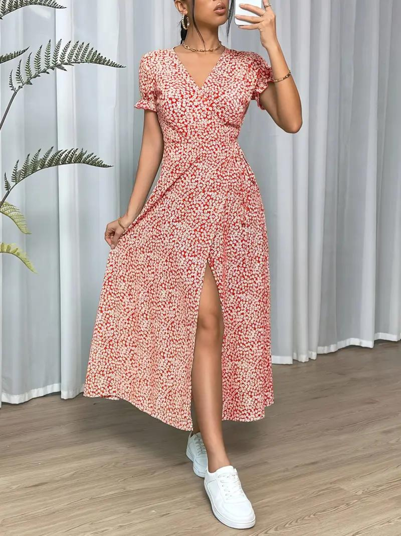 Levoire | Robe D'Été Longue À Manches Courtes Fendue Rouge pastèque