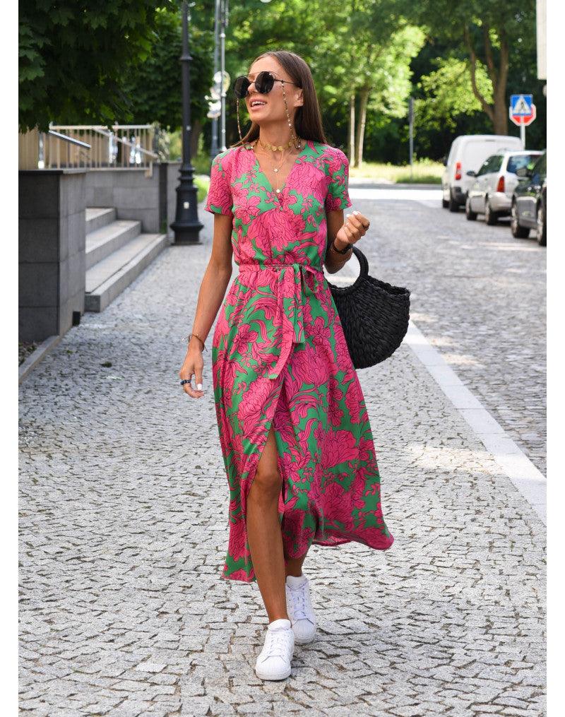 Levoire | Robe D'Été À Manches Courtes Et Décolleté En V Maxikleid Rosa Vert