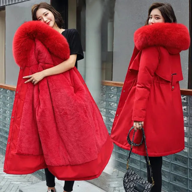 Levoire Langer Manteau en Laine Vierge avec Capuche et Col en Fourrure Rot