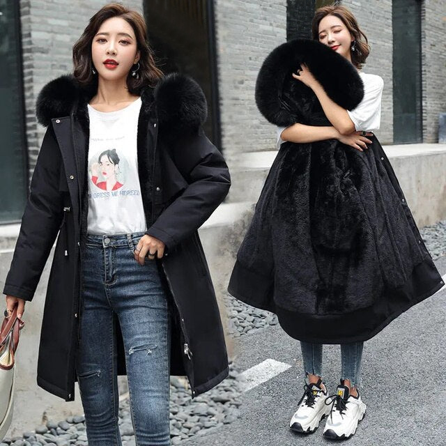 Levoire Langer Manteau en Laine Vierge avec Capuche et Col en Fourrure Noir