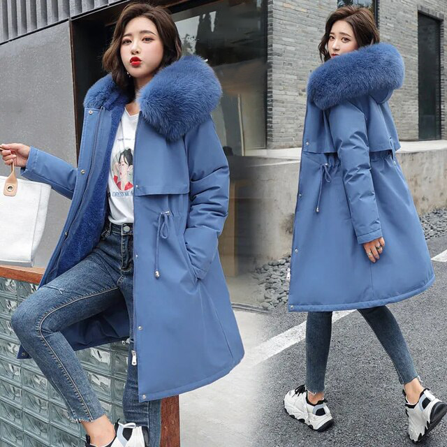 Levoire Langer Manteau en Laine Vierge avec Capuche et Col en Fourrure Bleu
