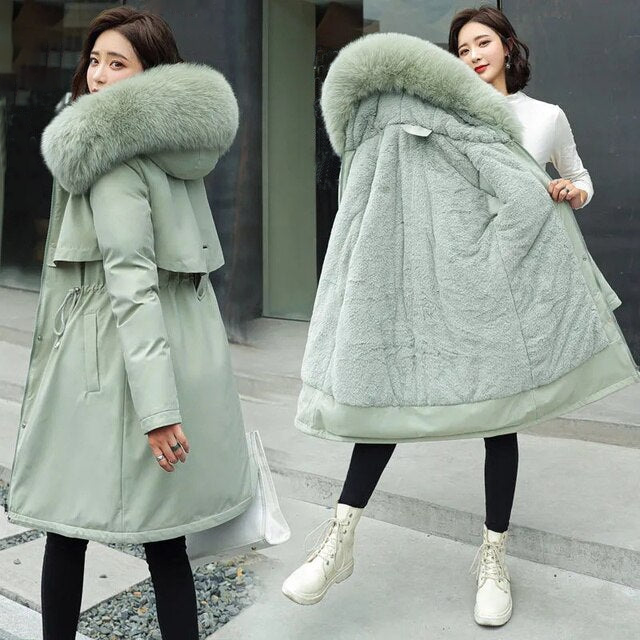 Levoire Langer Manteau en Laine Vierge avec Capuche et Col en Fourrure Vert