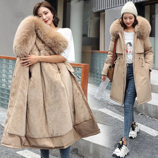 Levoire Langer Manteau en Laine Vierge avec Capuche et Col en Fourrure Couleur khaki
