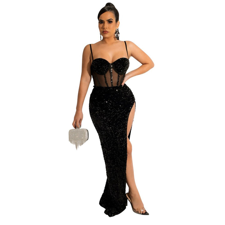 Levoire | Corset Filet Paillettes Fente Haute Robe Maxi Longue Noir