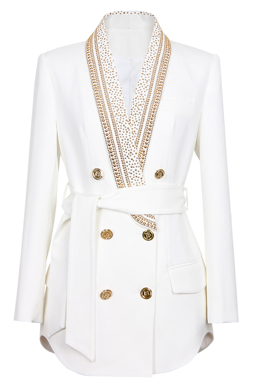 Levoire | Veste Double Boutonnage Avec Détails Dorés Blazer Avec Ceinture Vêtements Pour Dames Blanc