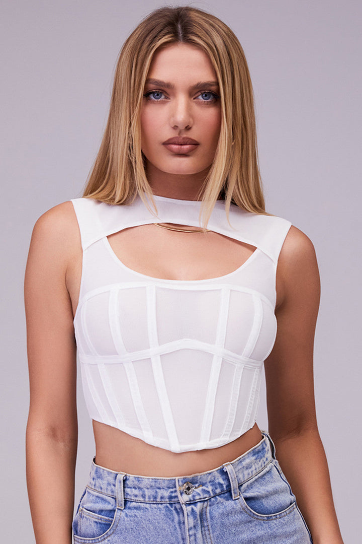 Levoire | Blanc Mesh Découpe Extérieure Corset Top
