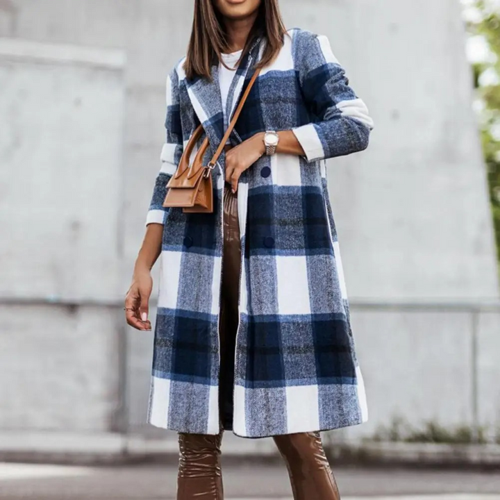 Levoire | Manteau Élégant À Carreaux Pour Femmes Bleu-blanc