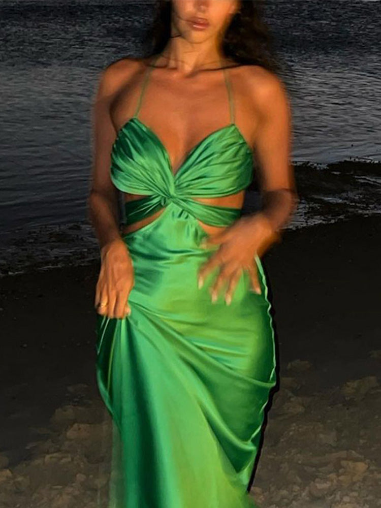 Levoire | Satin Mat Sans Manche Robes Vert 02