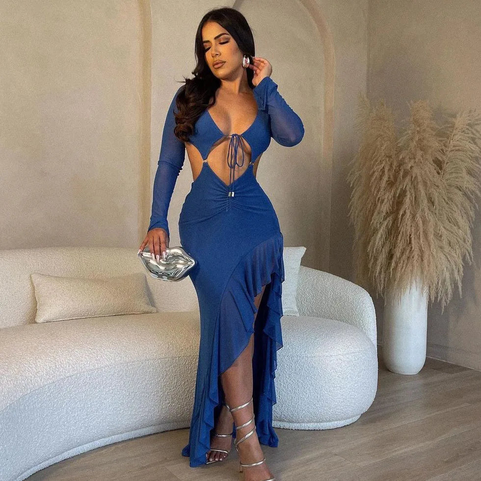 Levoire | Sans Manches Robe Asymétrique Dos Nu Taille Haute Bleu