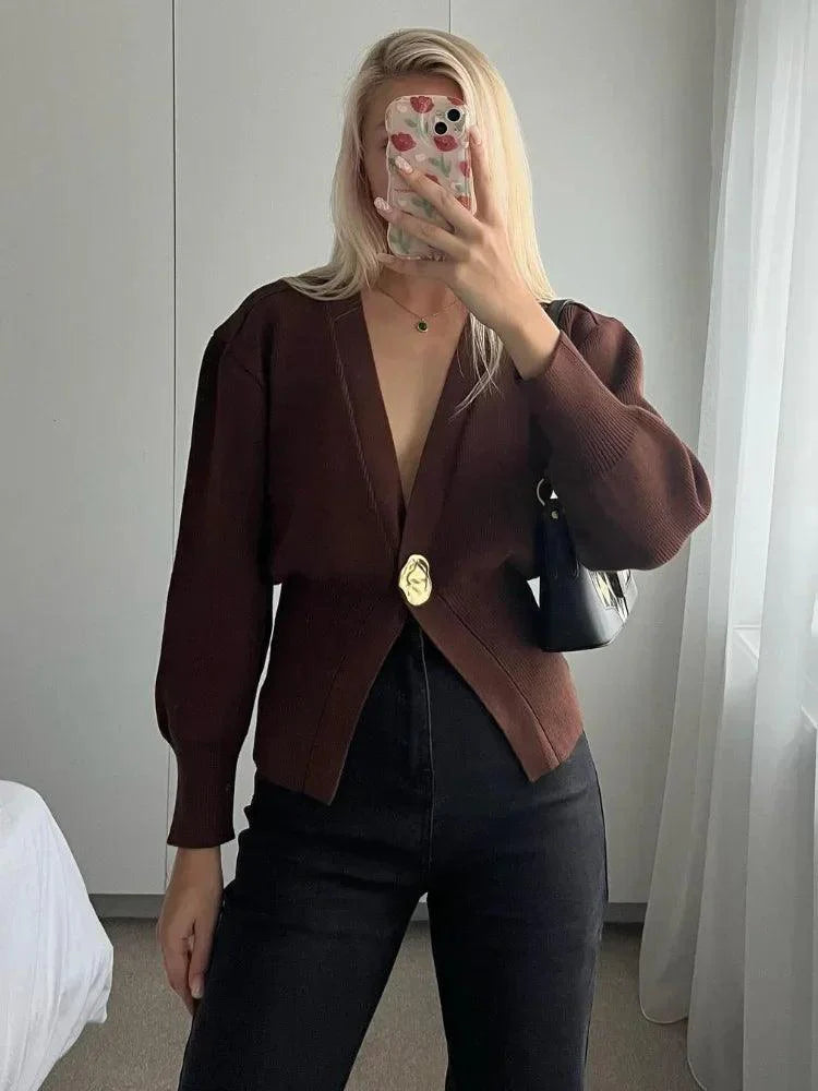 Levoire | Femmes Deep V-Col Longues Manches Haut Ajusté Café