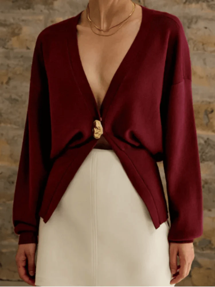 Levoire | Femmes Deep V-Col Longues Manches Haut Ajusté Bordeaux