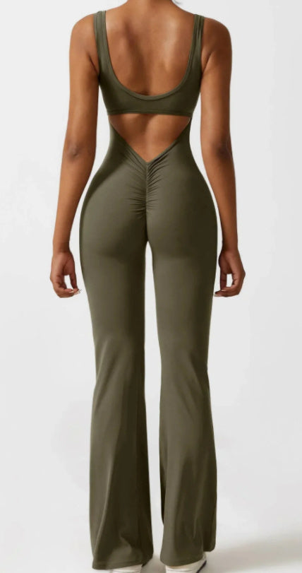 Levoire | Sans Manches Évasé Jambes Scrunch Fitness Combinaison Vert olive