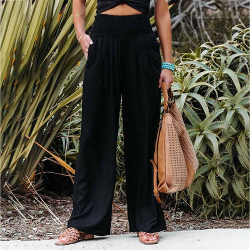 Levoire | Pantalon Femme Avec Taille Haute Élastique Et Jambes Amples En Lin