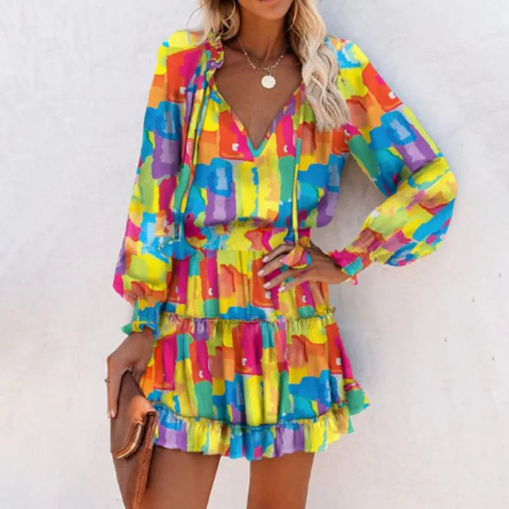 Levoire | Robe Mini À Manches Longues Avec Taille Plissée Robe De Soleil Multi