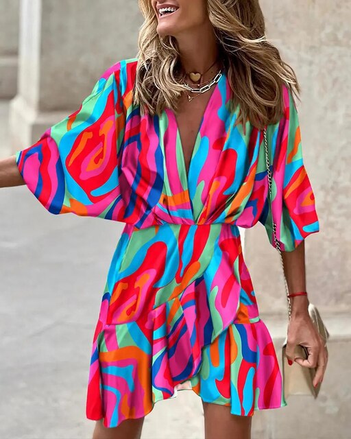 Levoire | Robe Mini À Manches Courtes Et Décolleté En V Style Boho Bleu Rose