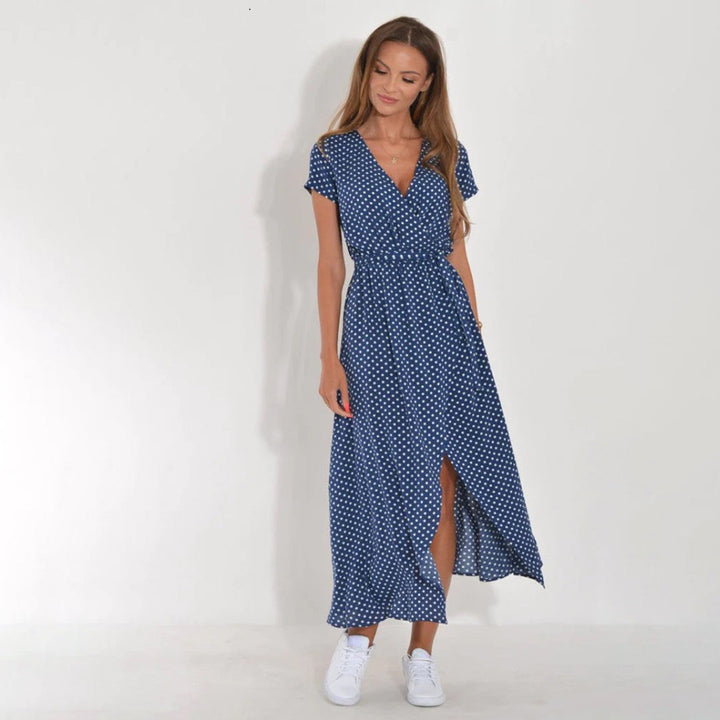 Levoire | Robe Maxi Enroulée À Manches Courtes Et Décolleté En V Bleu