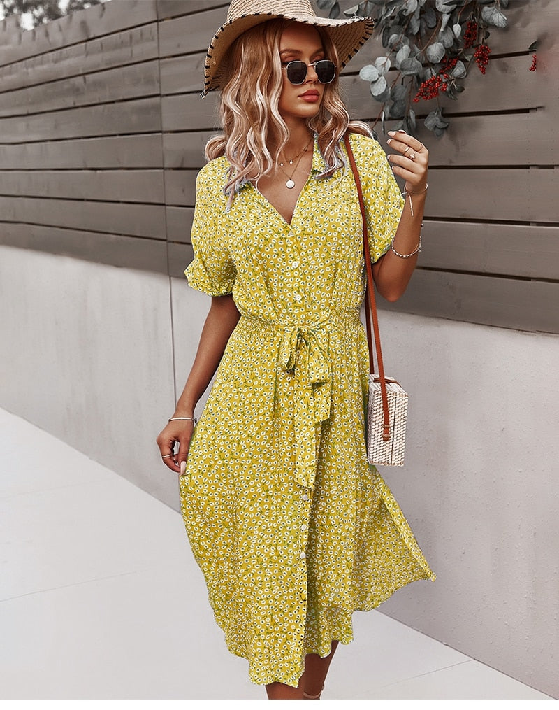 Levoire | Ceinture Taille Robe À Manches Courtes Avec Fermeture À Bouton Robe À Fleurs
