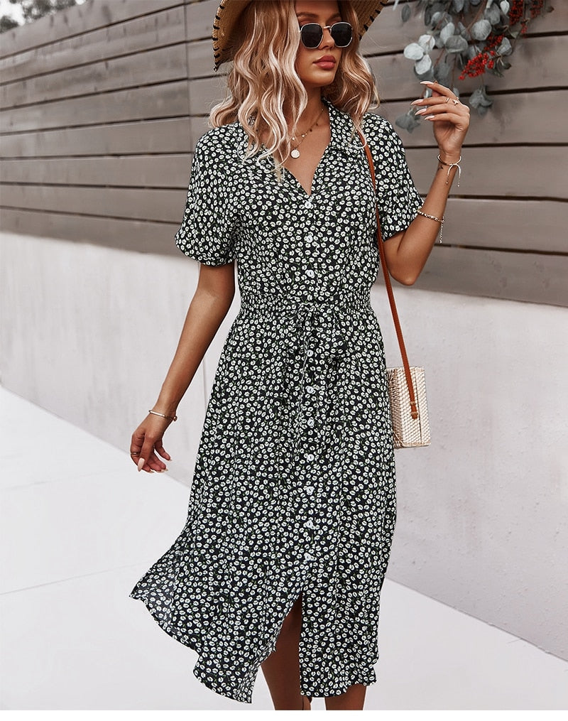 Levoire | Ceinture Taille Robe À Manches Courtes Avec Fermeture À Bouton Robe À Fleurs Zwary