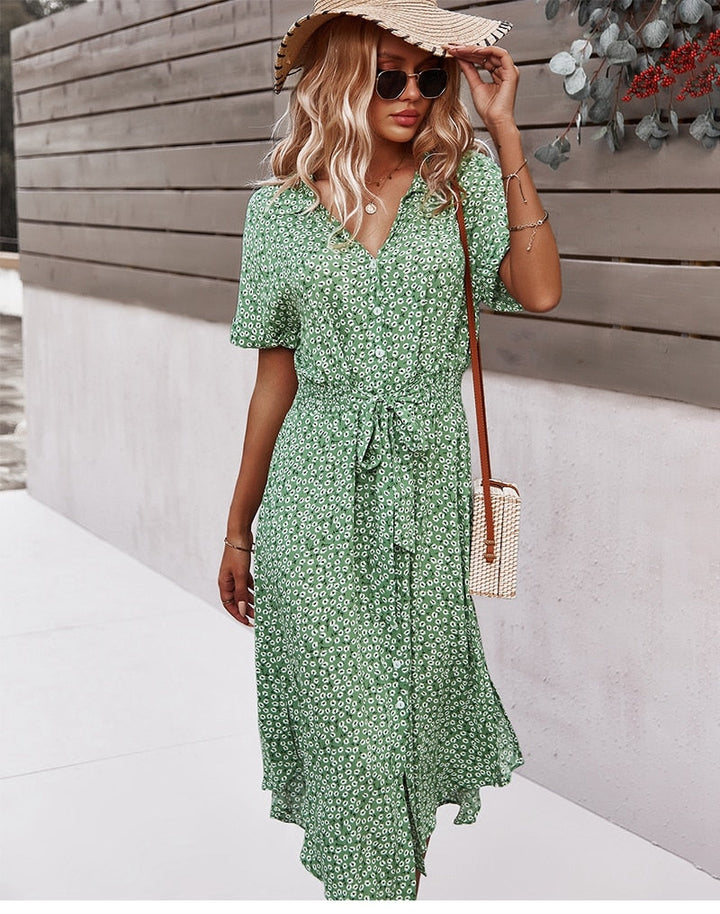 Levoire | Ceinture Taille Robe À Manches Courtes Avec Fermeture À Bouton Robe À Fleurs Vert