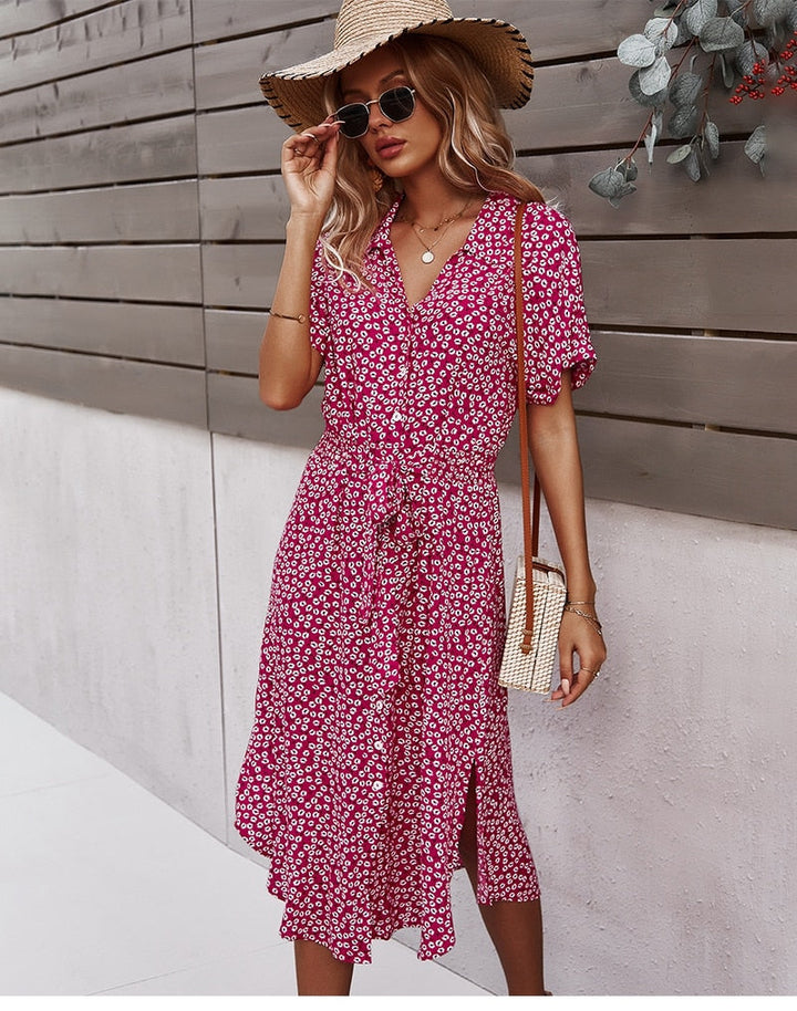 Levoire | Ceinture Taille Robe À Manches Courtes Avec Fermeture À Bouton Robe À Fleurs Rot