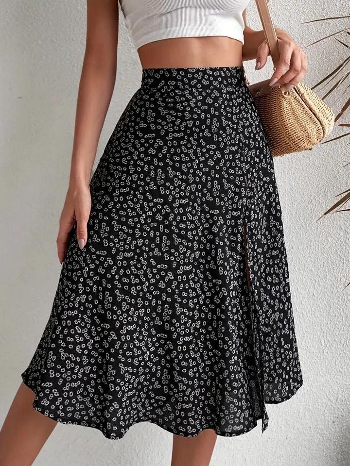 Levoire | Jupe D'Été, Jupe À Fleurs, Jupe Fendue, Jupe Midi, Jupe Taille Haute Noir