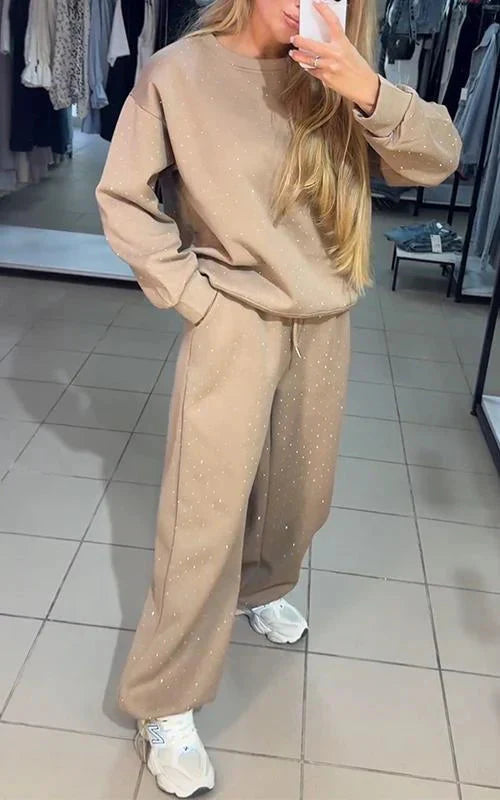 Levoire | Étincelant Confortable Ensemble De Jogging Vêtements Pour Femmes Beige