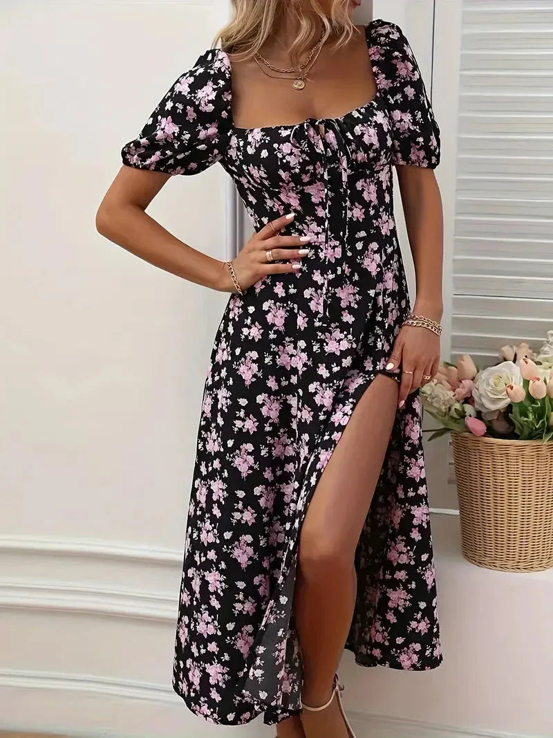 Levoire | Robe À Lignes Avec Imprimé Floral Et Manches Bouffantes Pour Le Printempsété