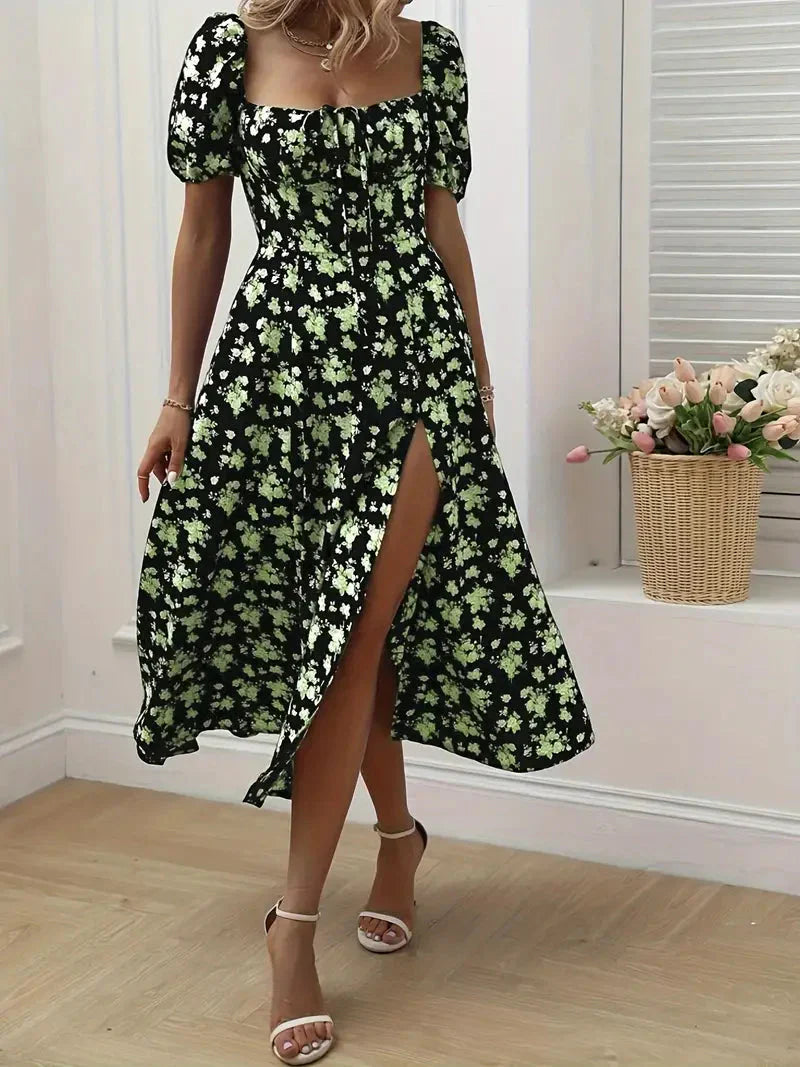 Levoire | Robe À Lignes Avec Imprimé Floral Et Manches Bouffantes Pour Le Printempsété