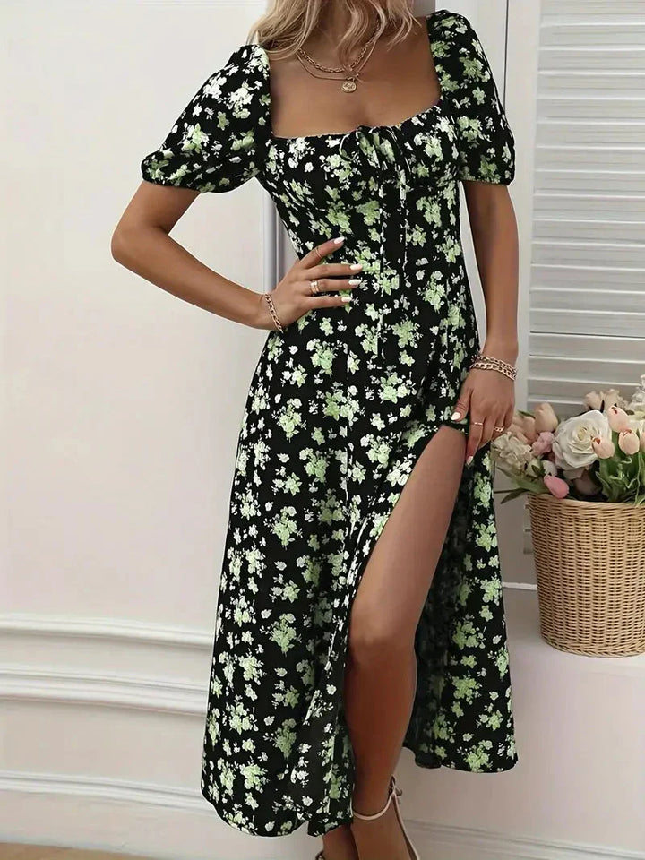 Levoire | Robe À Lignes Avec Imprimé Floral Et Manches Bouffantes Pour Le Printempsété Fleur verte