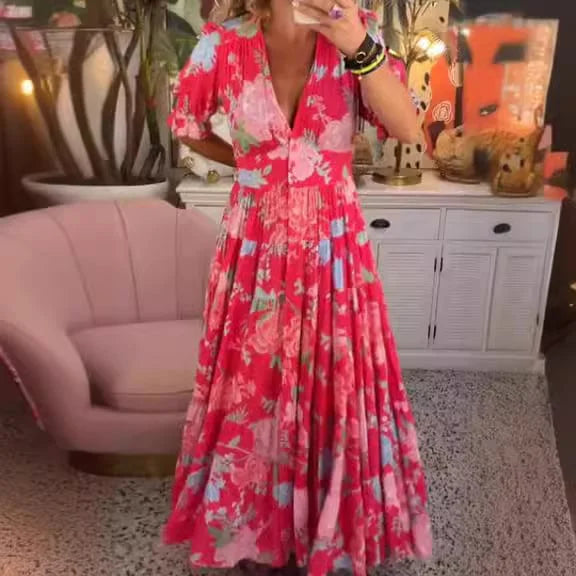 Levoire | Confortable robe longue avec décolleté en V et poche Rouge
