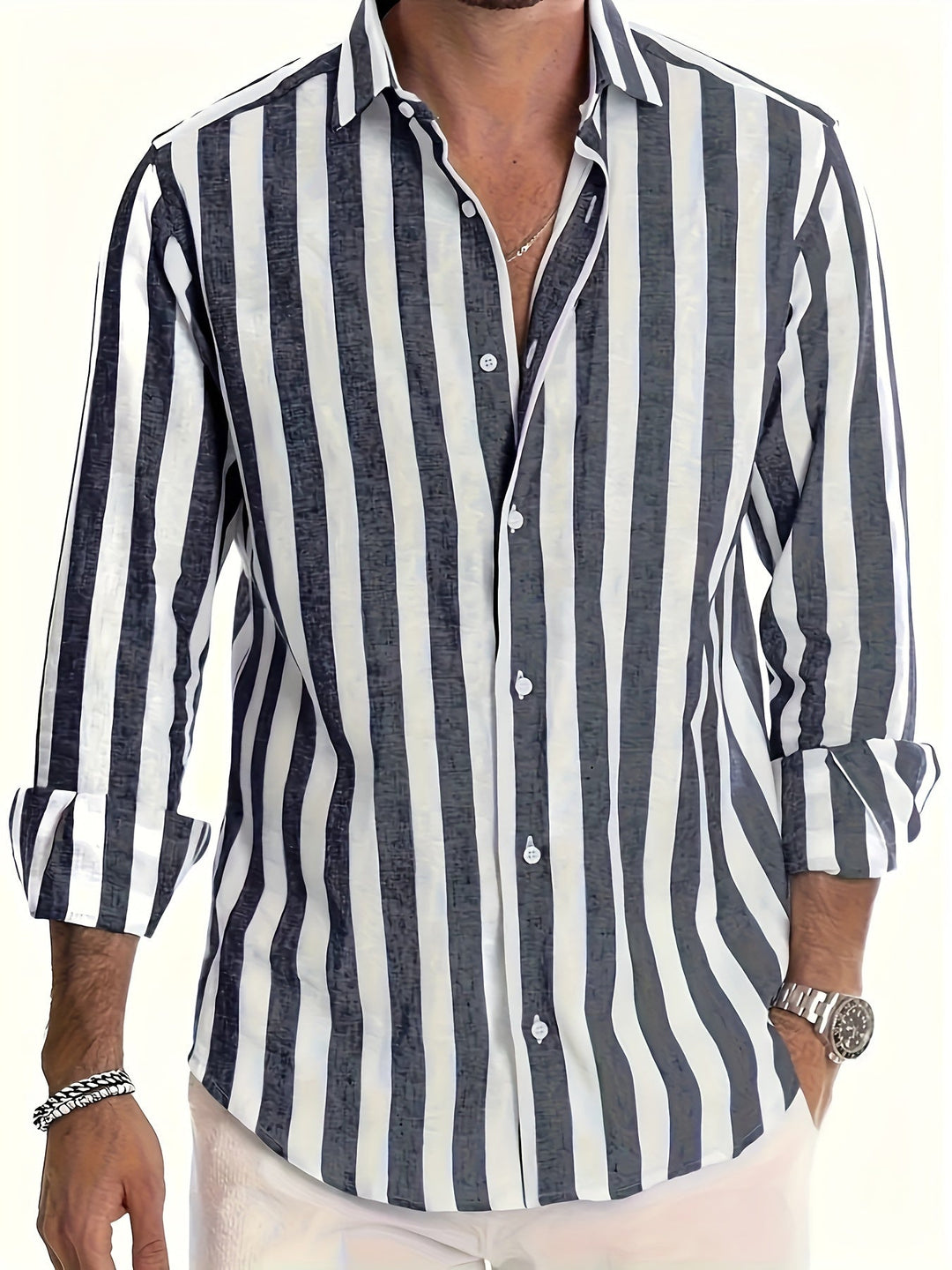 Levoire | Chemise En Coton Lin Rayée Pour Hommes Blei Couleur
