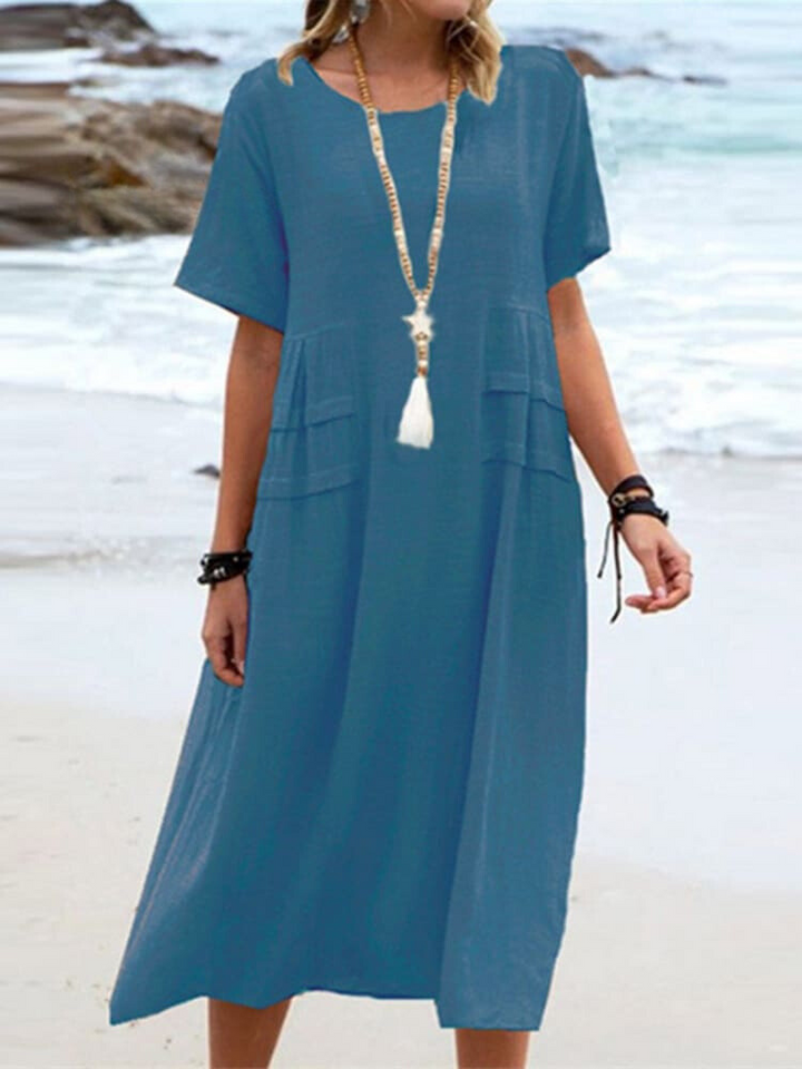 Levoire | Robe En Coton Lin Unie Décontractée Bleu