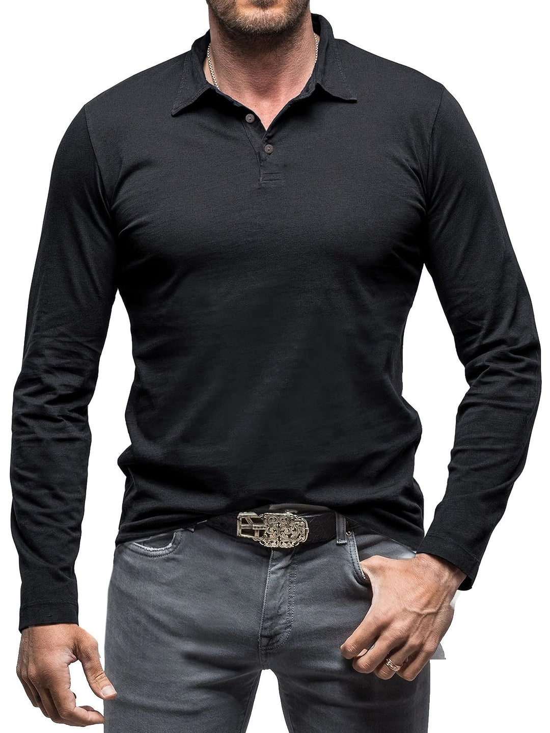 Levoire | T-Shirt Henley À Manches Longues Unies Pour Hommes