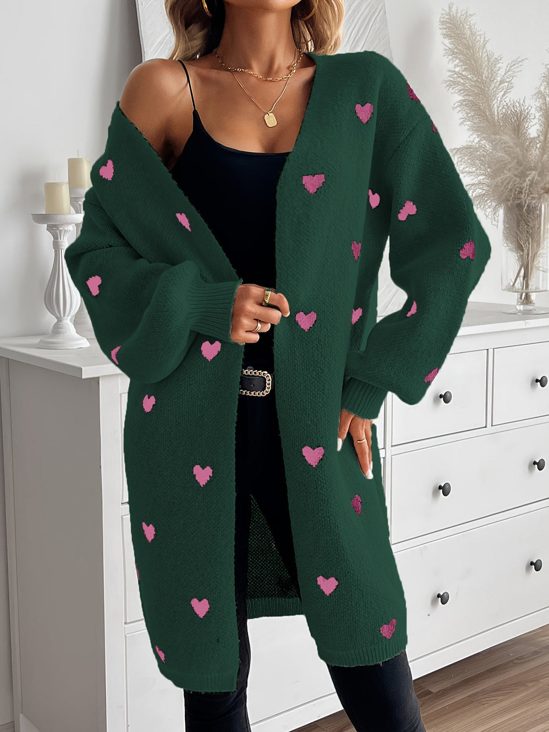 Levoire | Cardigan Long à Motif Cœur avec Pattes de Renforcement Vert foncé