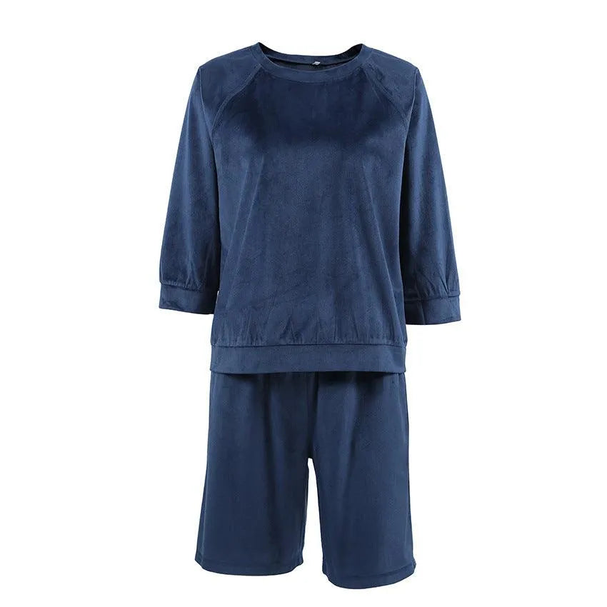 Levoire | Shorts bleus en velours à manches trois-quarts