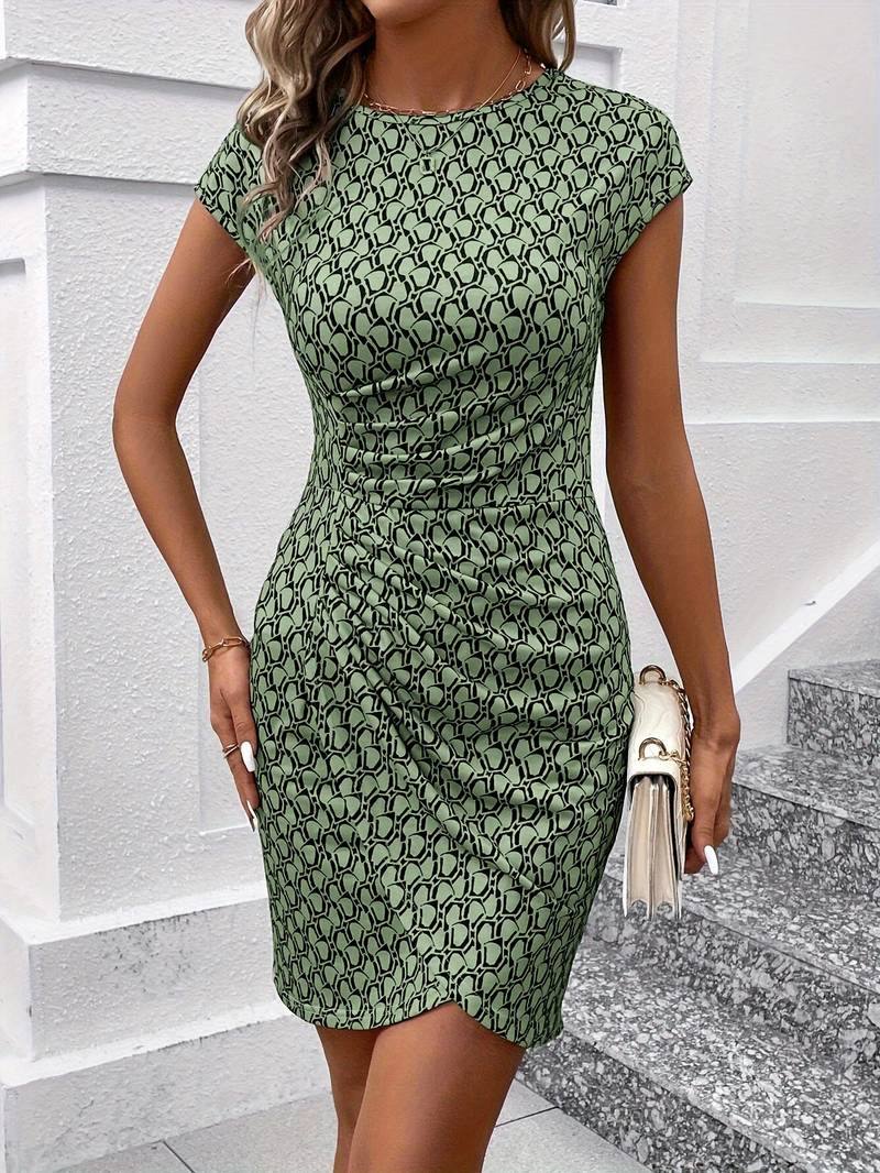 Levoire | Robe Tulipe À Manches Courtes Avec Imprimé Intégral Vert armée