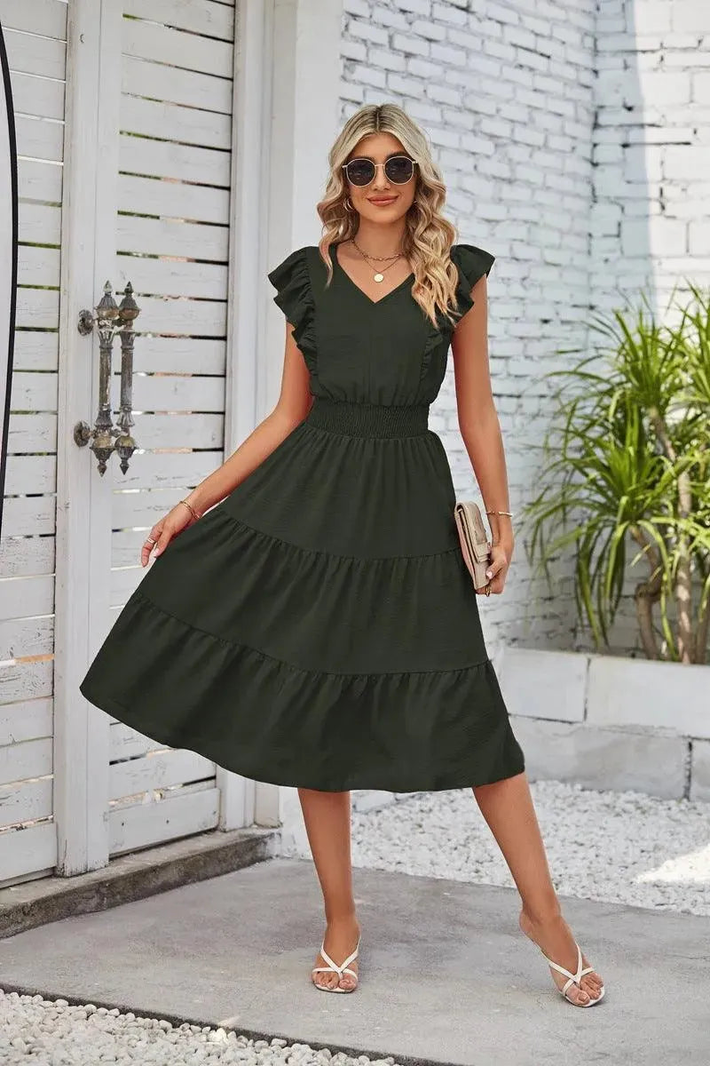 Levoire | Nouvelle robe à volants sans manches en V Vert foncé