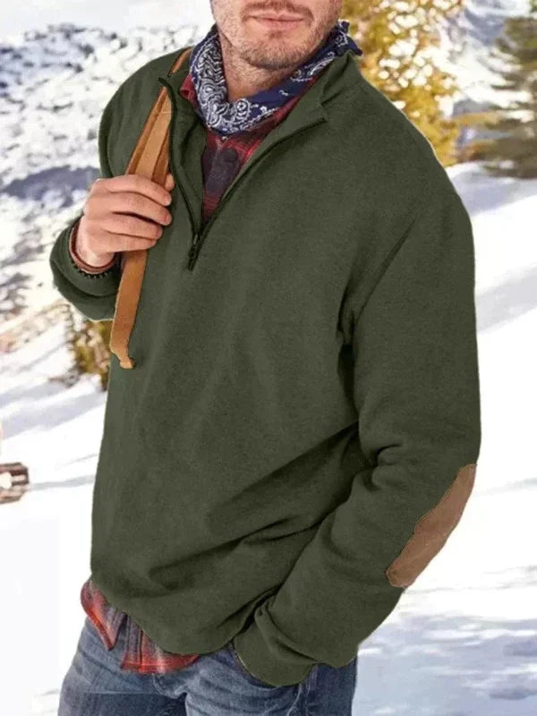 Levoire | Pull Pullover Chaud Pull Avec Patches Et Col En V Fermeture Éclair Olive Vert