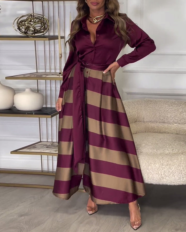 Levoire | Robe Élégante À Rayures Imprimées Avec Revers Et Ceinture