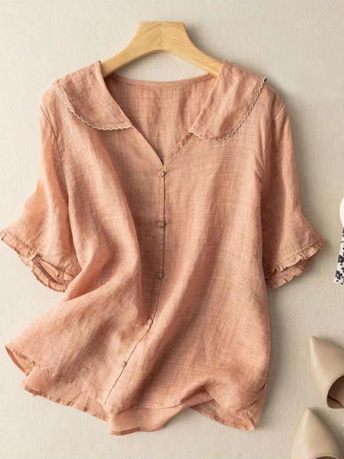 Levoire | Chemise Rétro En Lin Pour Femmes Avec Col Peter Pan Orange