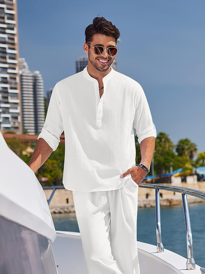Levoire | T-Shirt Henley Homme Style Rétro À Manches Longues Uni Blanc